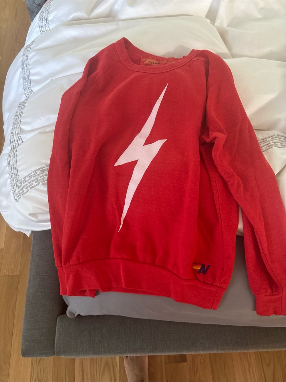 Aviator Nation Red Crewneck with White Lightning Graphic